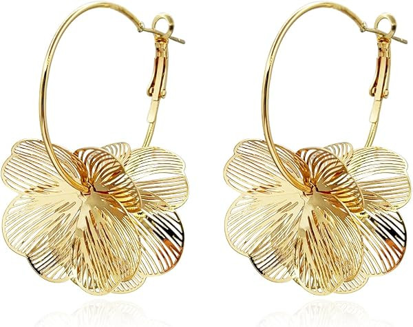 Flower Earrings for Women 14K Gold Plated Floral Dangle Statement Earrings Trendy Spring Summer F... | Amazon (US)