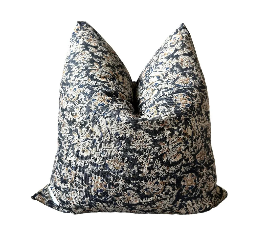 Juniper Pillow Cover, Floral, Black, Navy, Vintage, Neutral, Designer, Bohemian Eclectic, Linen, ... | Etsy (US)