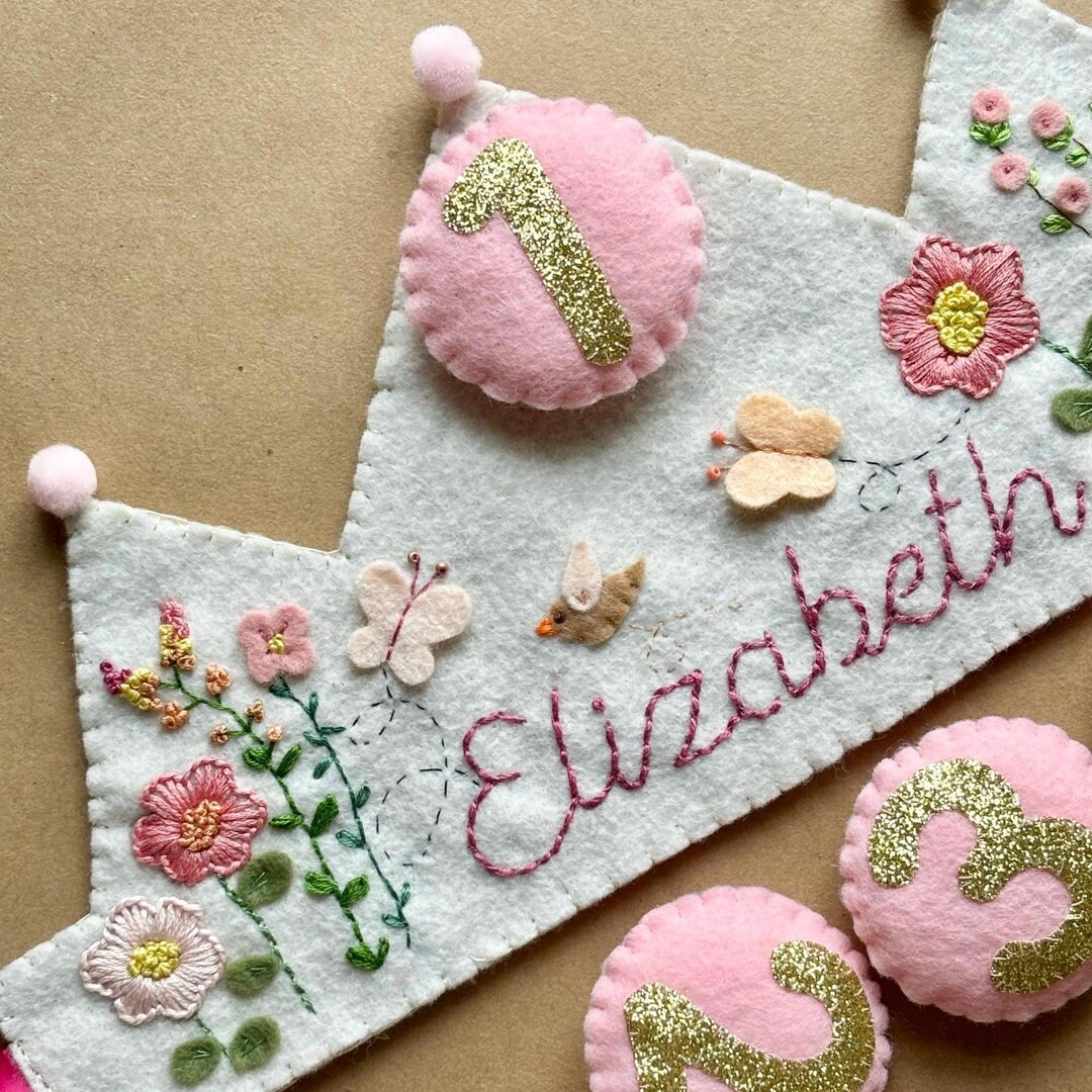 Embroidered flower Birthday Crown | Handmade Baby and Toddler Name Crown| Custom Embroidered Crow... | Etsy (US)