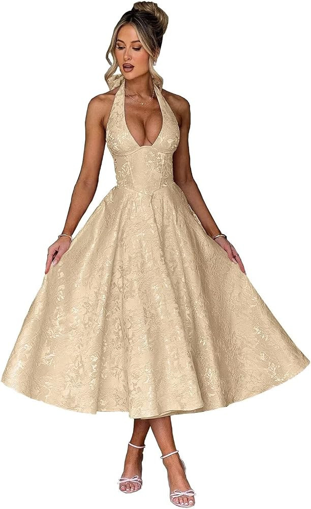 UZN Halter Tea Length Prom Dresses 2025 Jacquard Satin Deep V-Neck A-Line Formal Evening Party Go... | Amazon (US)