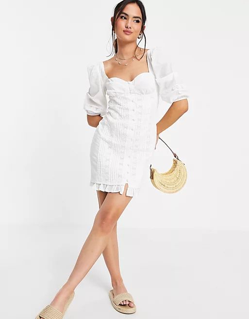 ASOS DESIGN lace insert button through mini dress with pintucks in white | ASOS (Global)