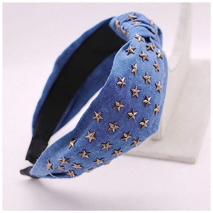 Giwotu Bohemian Ethnic Denim Center Knot Hair Band Metal Star Stamping Knotted Headband Hair Blue | Amazon (US)