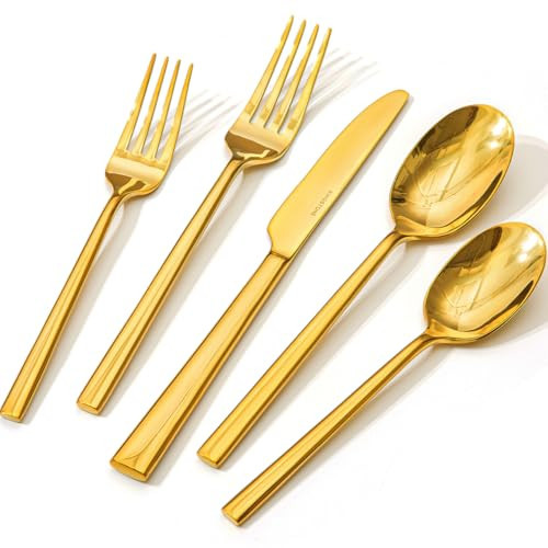 KINGSTONE Gold Silverware Set, 60-Piece Forged Flatware Set Cutlery Set Premium Stainless Steel, Service for 12, for Kitchen, Home, Wedding, Party, Mirror Polished and Dishwasher Safe | Amazon (US)