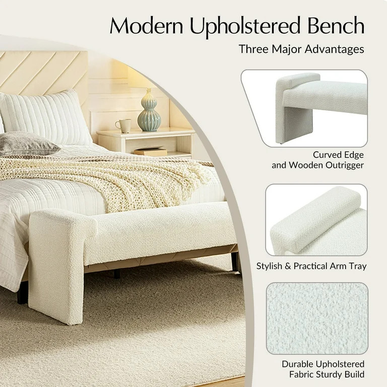 58'' Upholstered Bench Chenille Boucle Modern Accent Bench End of Bedroom Entryway Ivory | Walmart (US)