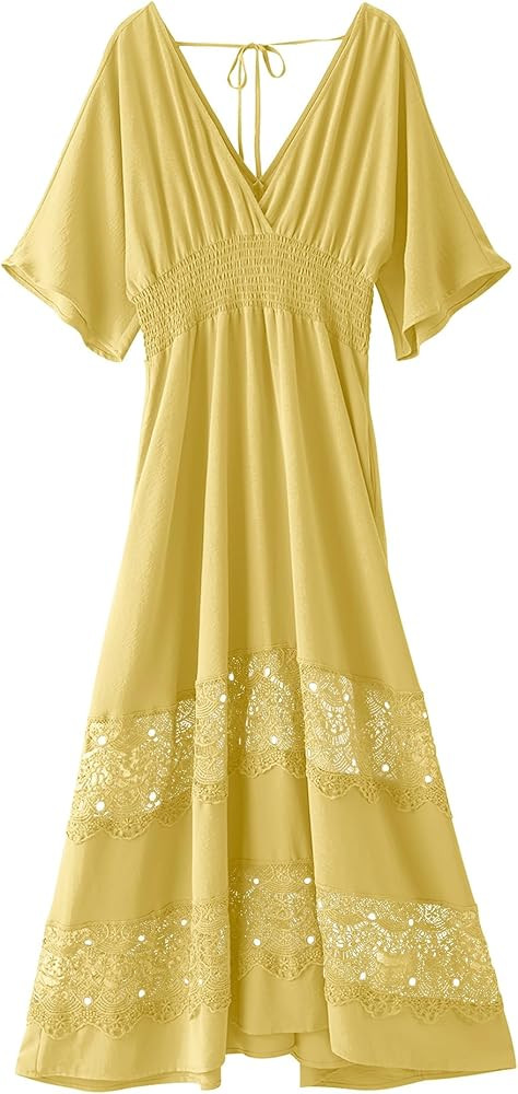 Women's Lace Maxi Dress Short Sleeve V Neck Party Dress Smocked Waist Boho Maxi Dress Bohemian Dr... | Amazon (US)