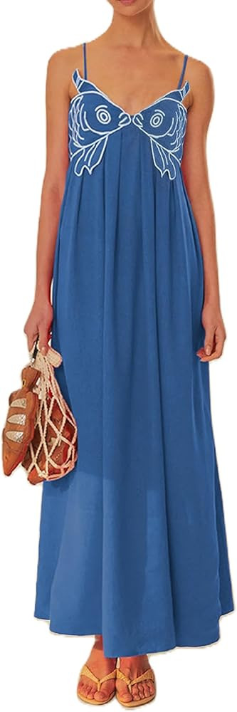 Women Koi Fish Maxi Dress 3D Embroidered Boho Long Dress Spaghetti Strap Empire Waist Flowy Vacat... | Amazon (US)