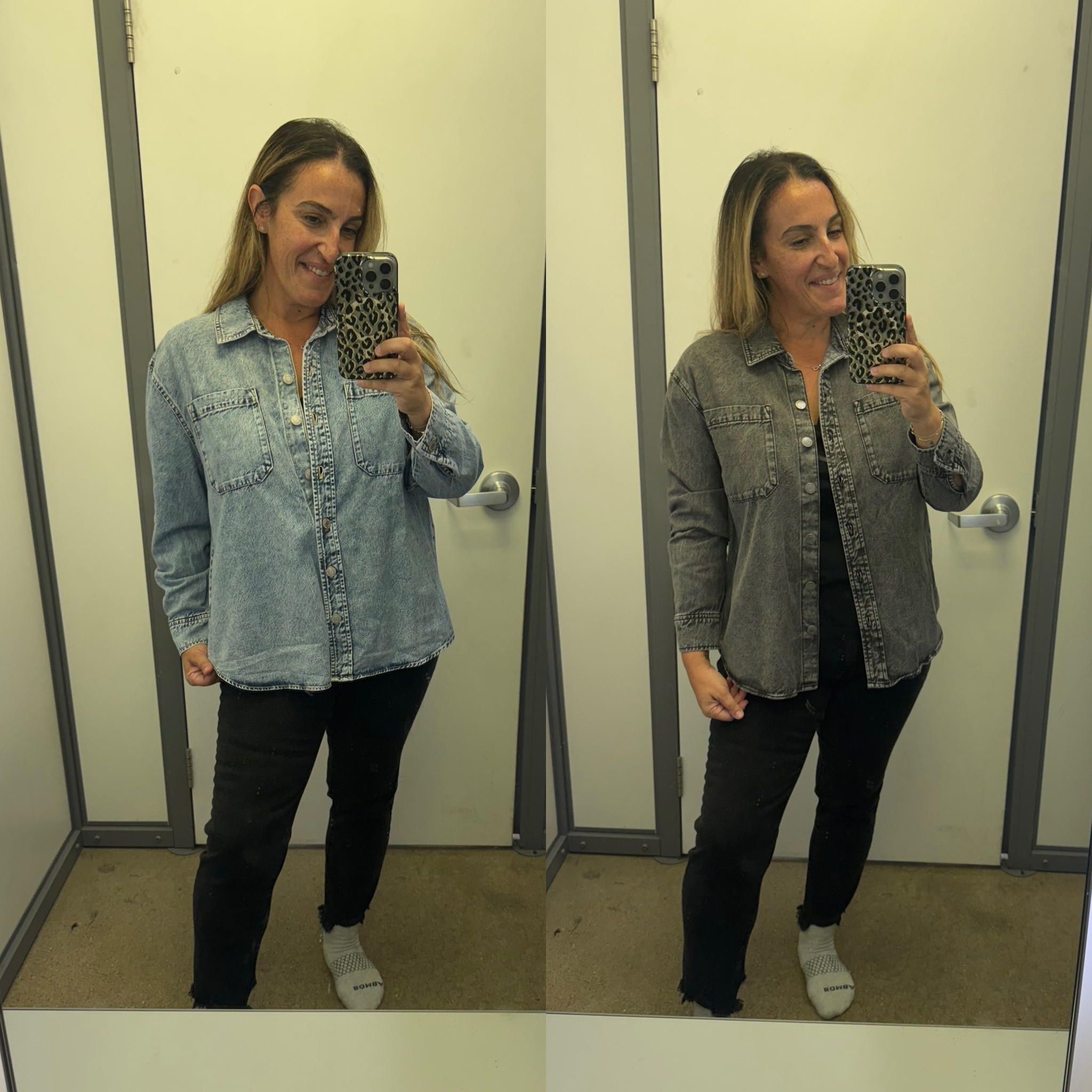 Absolutely love this denim shacket. Its great quality especially for the price.
The blue is a large (size up) and its a cute oversized fit. The black is a medium (tts) and I also like the fit of it, not too tight.

Jeans are 10 and too big, I would size down if you are in between. I went with an 8. 

 #LTKOver40 #LTKFindsUnder50 #LTKStyleTip