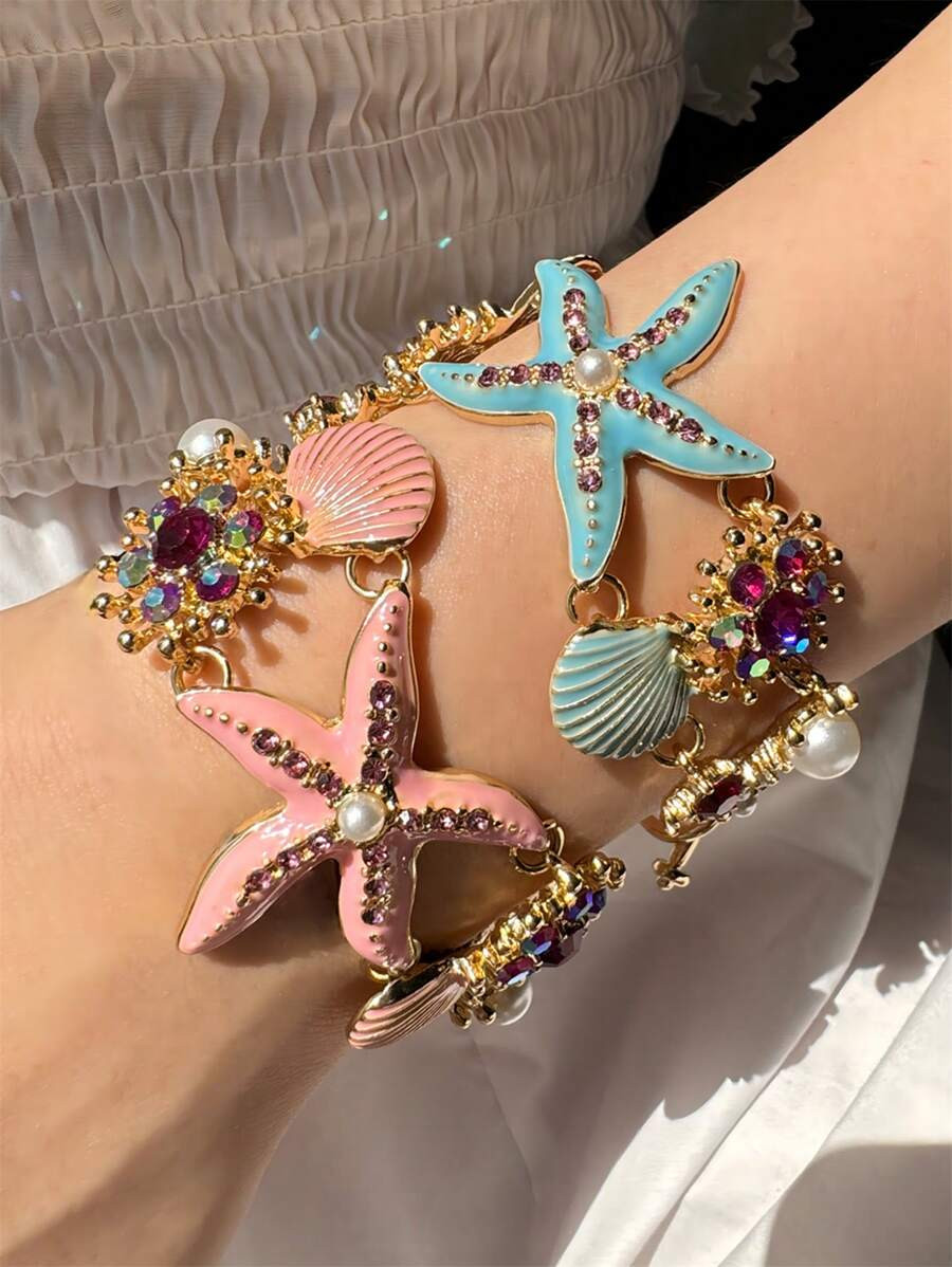 1pc Oceanic Series Golden Chain Shell & Pearl & Seahorse & Starfish Decor Anklet Bracelet For Wom... | SHEIN