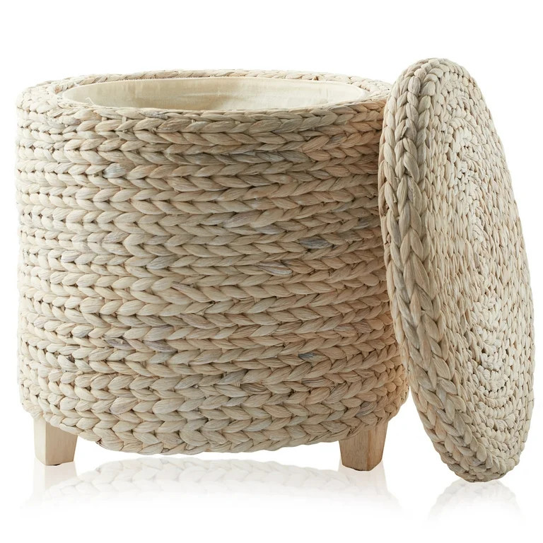 Casafield 17" Round Storage Ottoman with Lid - Whitewash, Handwoven Footstool for Living Room, Be... | Walmart (US)
