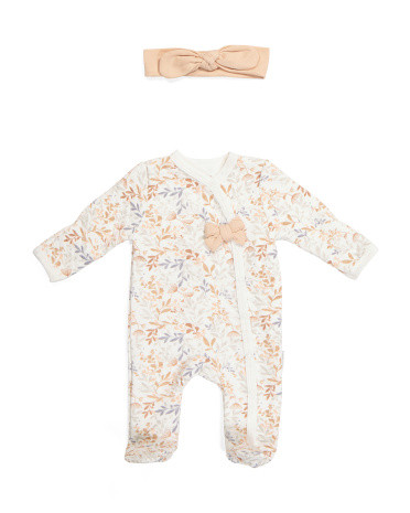 Newborn Girl Floral Quilted Pajama Bodysuit And Bow Headband | TJ Maxx