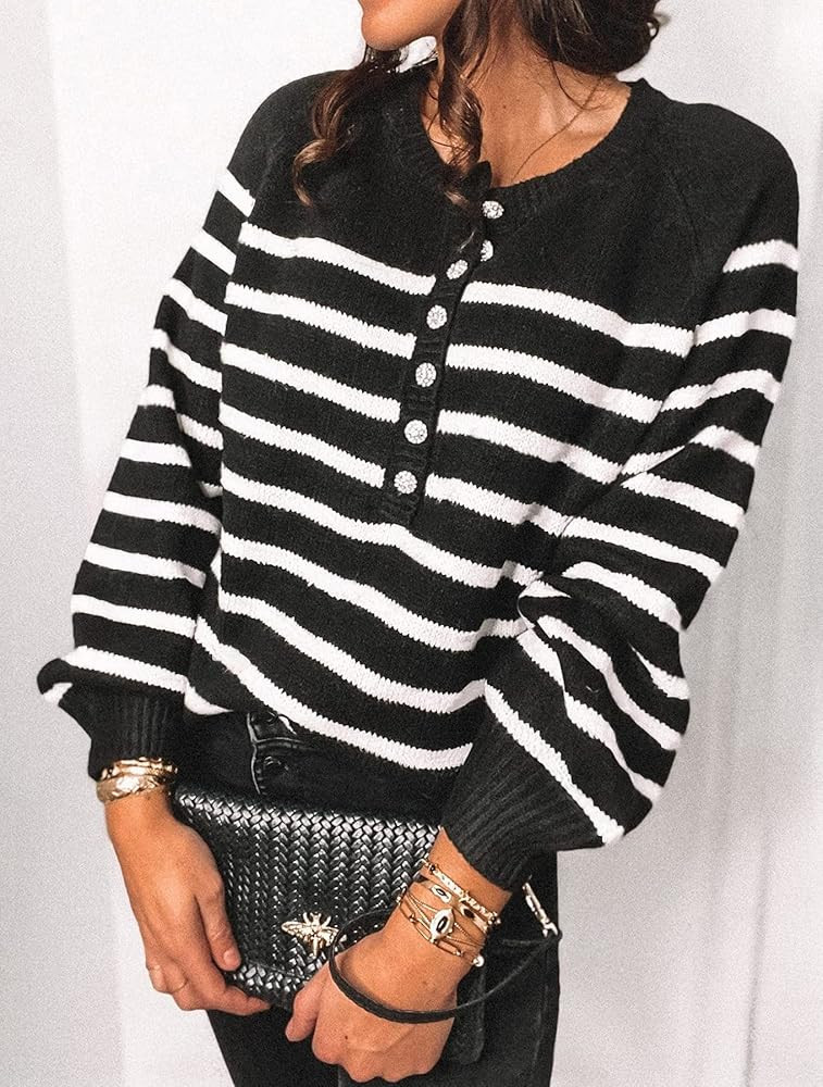 BTFBM Women's Sweaters Casual Long Sleeve Button Down Crew Neck Ruffle Knit Pullover Sweater Tops So | Amazon (US)