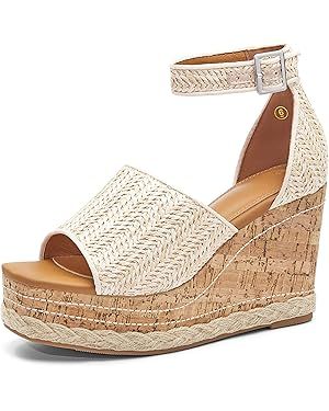Women's Open Square Toe Wedge Platform Espadrille Ankle Buckle Strappy Cork Sole Braided Summer S... | Amazon (US)