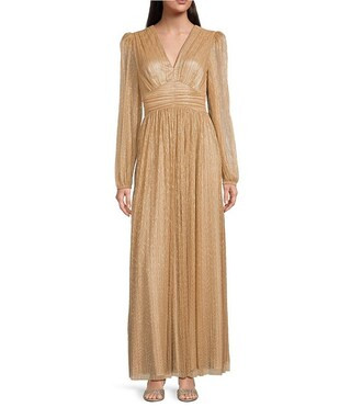 Alex Marie Bella Crinkle Metallic V-Neck Blouson Long Sleeve A-Line Gown | Dillard's | Dillard's