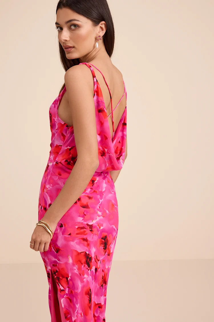 Marlesa Hot Pink Floral Cowl Back Maxi Dress | Lulus