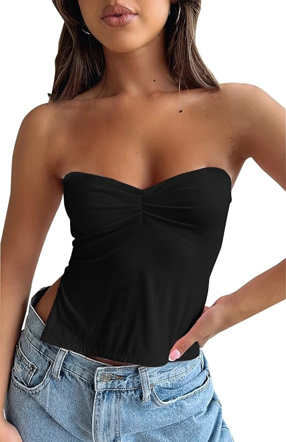 Cioatin Women’s Strapless Sweetheart Bandeau Tube Going Out Crop Tank Top Sleeveless Slits Plea... | Amazon (US)