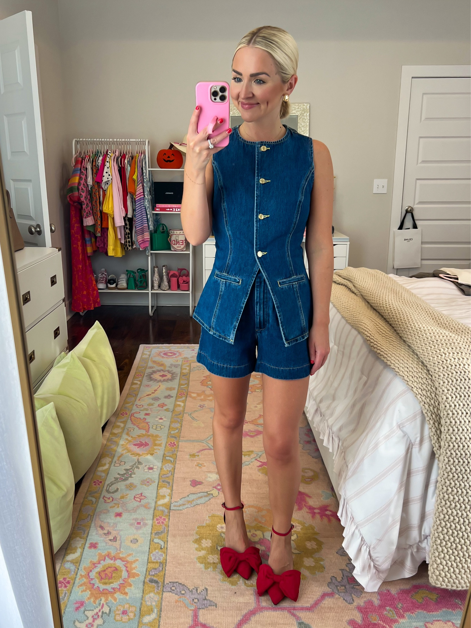 15% OFF IN CART: Denim split hem vest / denim vest set / red bow heels / grace bow pumps 
Size: XS in both (size up only if between sizes) 6.5 in heels 

#LTKCon #LTKSeasonal #LTKShoeCrush