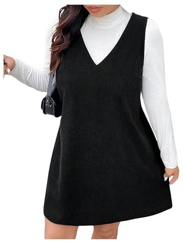 WDIRARA Women's Plus Size Corduroy V Neck Tank Overall Dress Sleeveless Loose Casual Short Dress | Amazon (US)