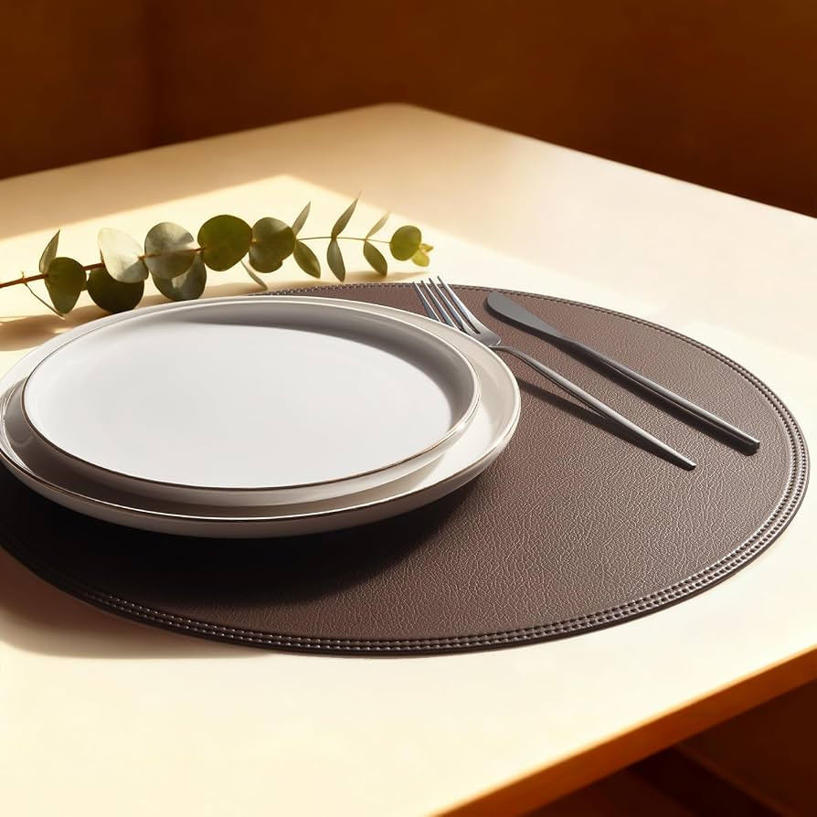 Round Vinyl Brown Placemats Set of 6, Faux Leather Waterproof Wipeable Heat Resistant Place Mats,... | Amazon (US)