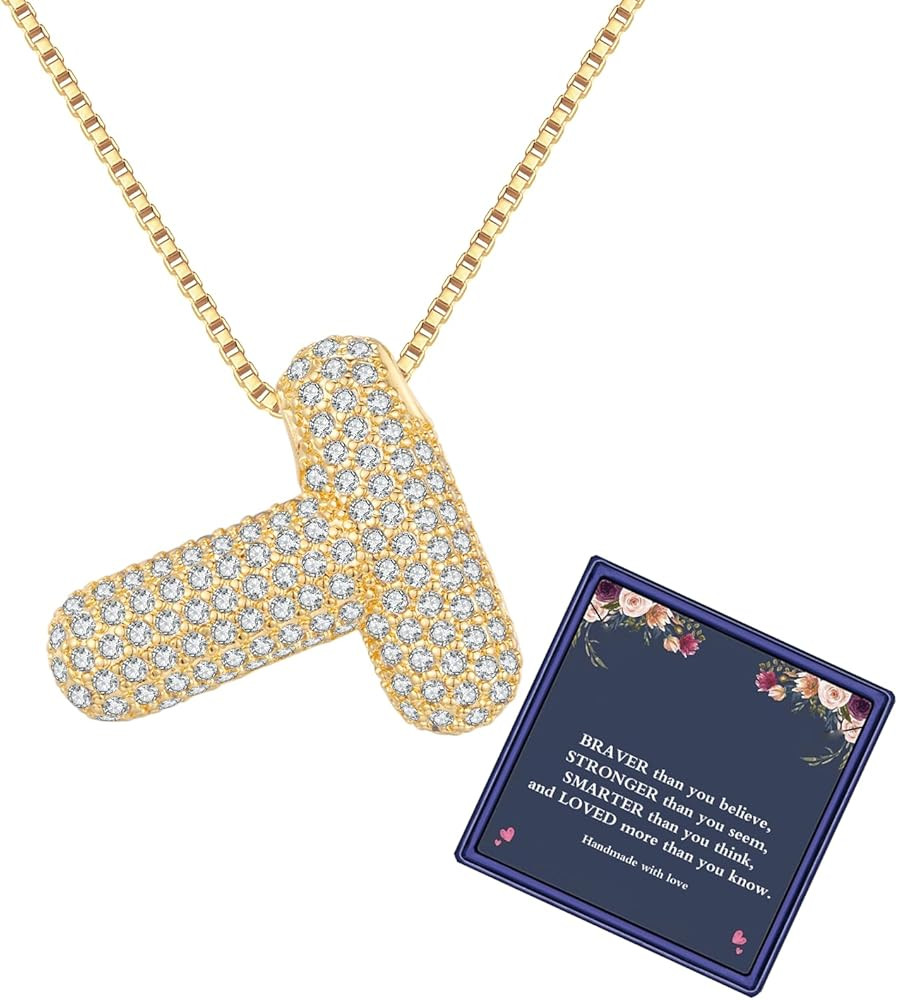 Bubble Letter Necklace Gold for Women，Charm Balloon Initial Letter Pendant Zirconia Inlaid Neck... | Amazon (US)
