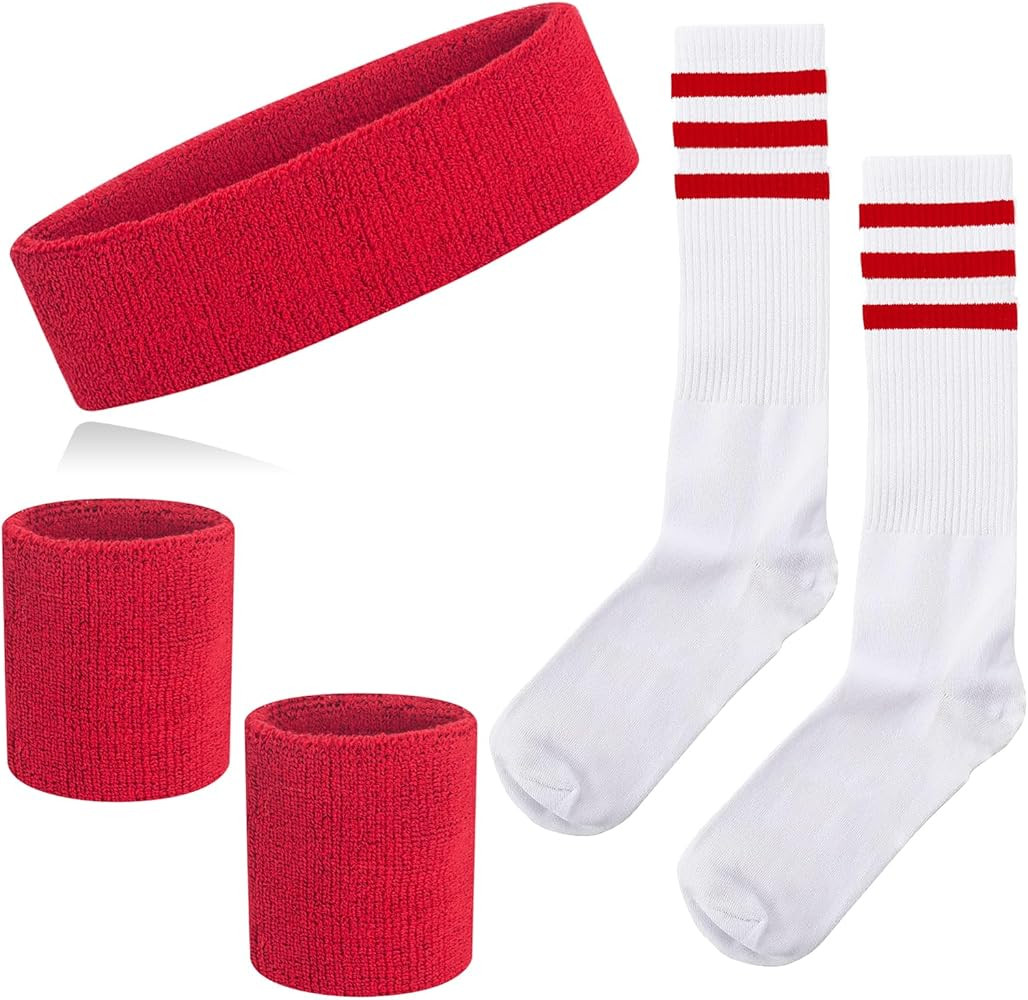 5 Pieces Sweatband Striped Sock Set Sports Headband Wristbands High Tube Socks 80s Accessories fo... | Amazon (US)