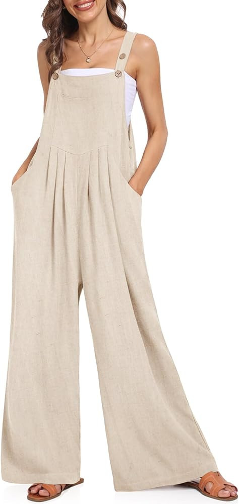 UEU Women's Straps Sleeveless Casual Jumpsuits Rompers Wide Leg Loose Bib Overalls with Pockets | Amazon (US)