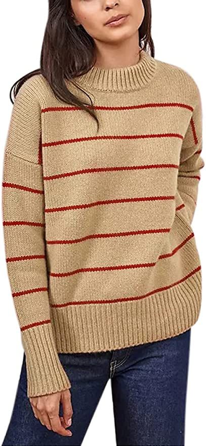 Women's Sweaters Casual Long Sleeve Mock Neck Drop Shoulder Tunic Striped Pullover Knit Sweater T... | Amazon (US)