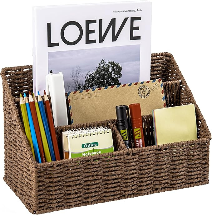 Woven Mail Organizer, Mail Organizer Countertop, Natural Tabletop Mail Holder, Rattan Desk Organi... | Amazon (US)