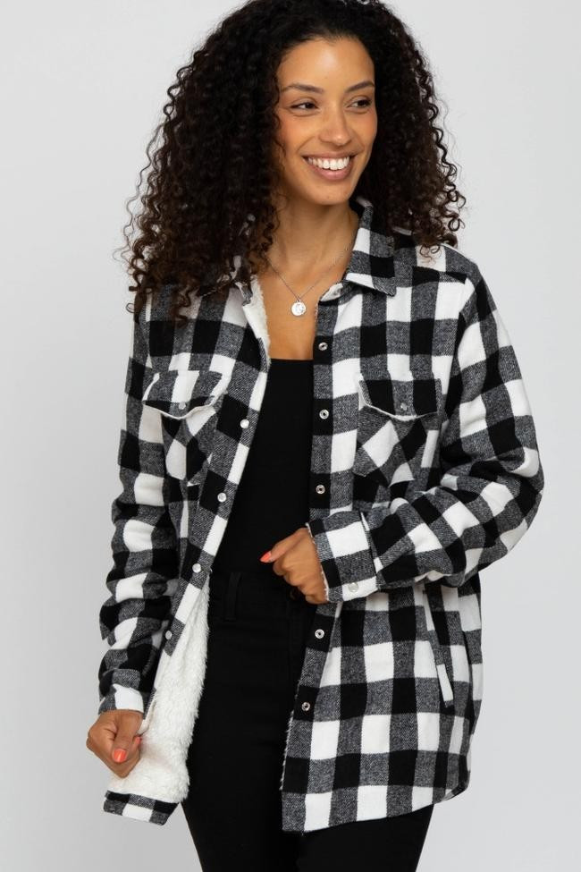White Black Plaid Sherpa Lined Jacket | PinkBlush Maternity