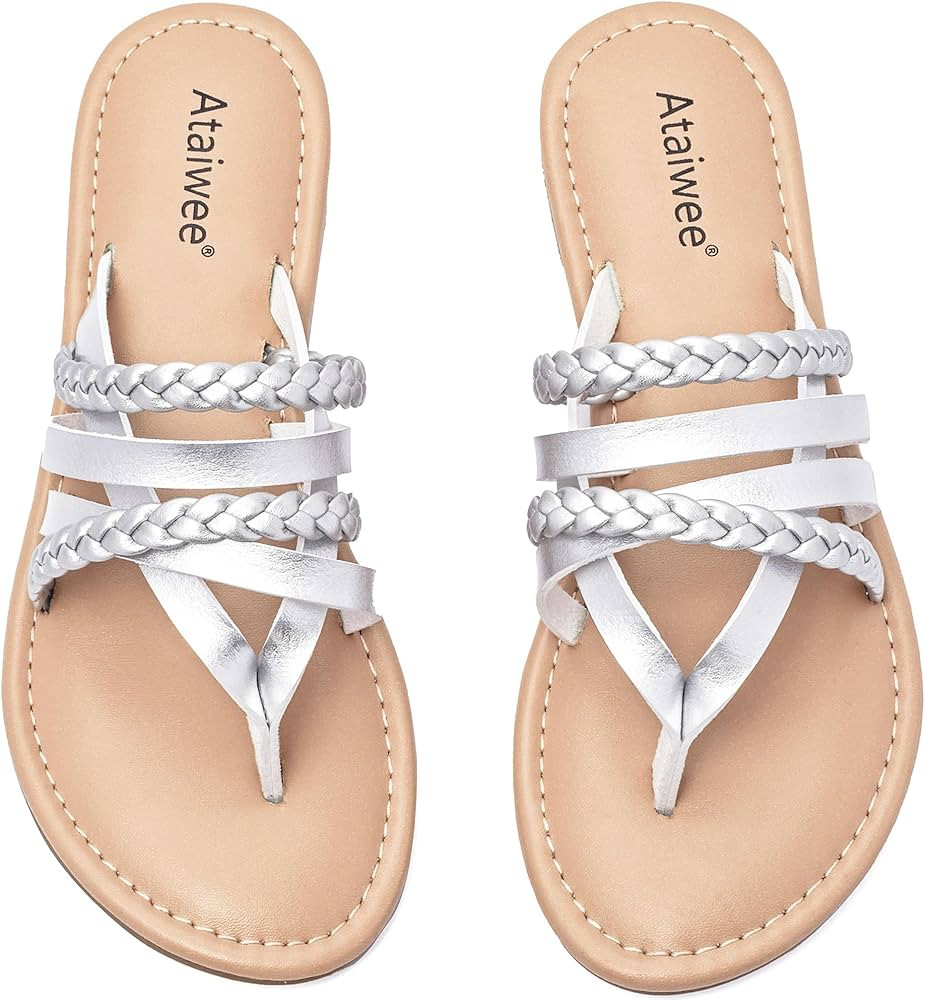 Ataiwee Women's Slide Flat Sandals - Comfortable Slip On Plait Toe Thong Strappy Spring Summer Sh... | Amazon (US)