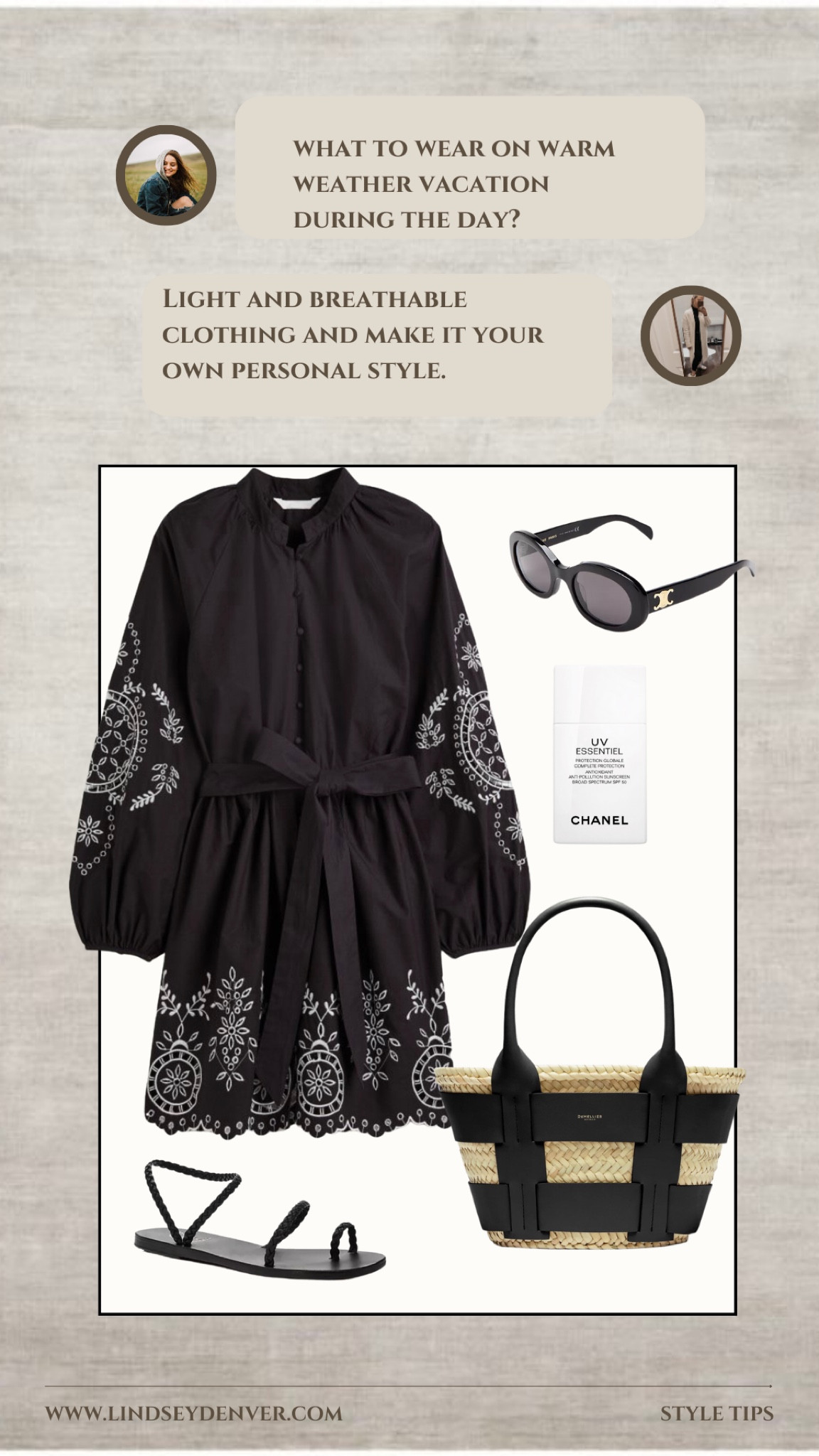 👉🏻During the day at a resort in warm weather, light and breathable clothing is recommended. Good options include sundresses, shorts, t-shirts, and tank tops. It is also a good idea to wear comfortable shoes, such as sandals or sneakers, and to bring a hat or sunglasses to protect yourself from the sun. It is also good to bring a swimsuit if you plan to swim or sunbathe.

Resort wear, vacation outfit, sundress, sandals, straw bag and Celine sunglasses.

"Helping You Feel Chic, Comfortable and Confident." -Lindsey Denver 🏔️ 

Minimalist fashion, simple clothing, mid-sized, minimal style, elegant, timeless, sophisticated," comfortable, stylish


#LTKFind #LTKtravel #LTKstyletip