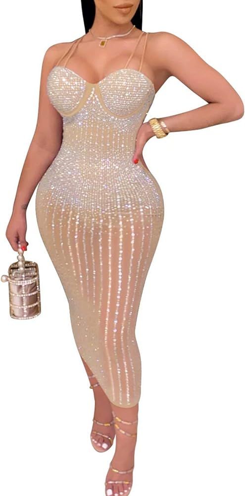 Sexy Spaghetti Strap mesh See Through Rhinestrone Bodycpn Party Dress  | Amazon (US)