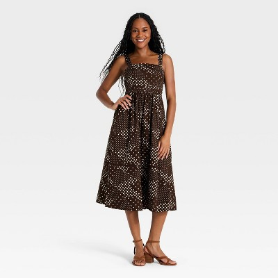 Women's Smocked Poplin Midi Dress - A New Day™ Brown Dot XL | Target