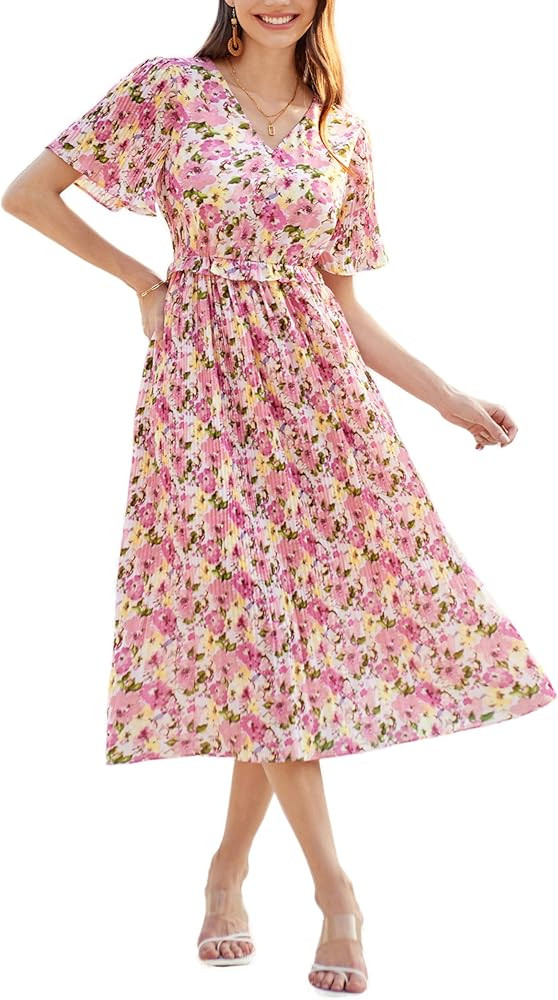 GRACE KARIN Women's 2024 Summer Boho Floral Dress Casual V Neck Short Flutter Sleeve Dress Flowy ... | Amazon (US)