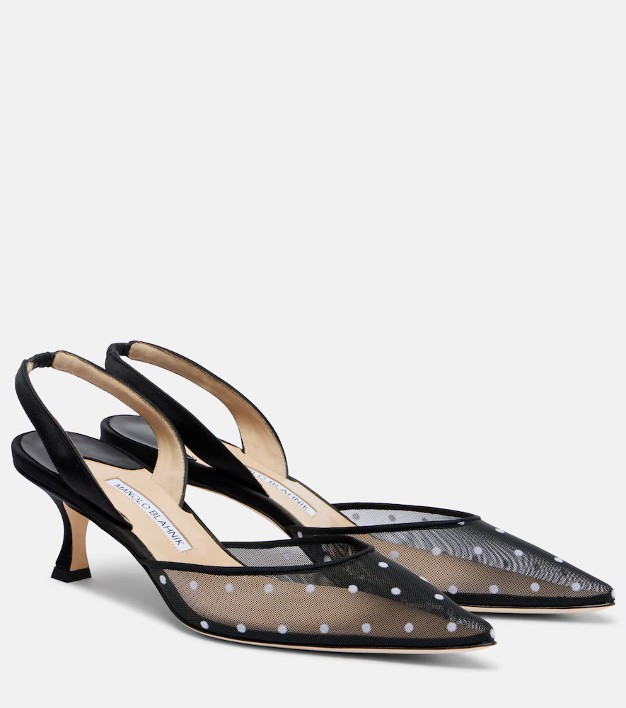 Manolo Blahnik Carolyne 50 polka-dot mesh slingback pumps | Mytheresa (US/CA)