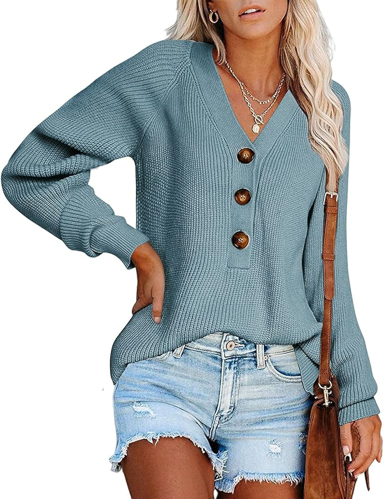 BTFBM Long Sleeve V Neck Button Down Sweater Solid Color Ribbed Knit Sweater Casual Relaxed Fit P... | Amazon (US)