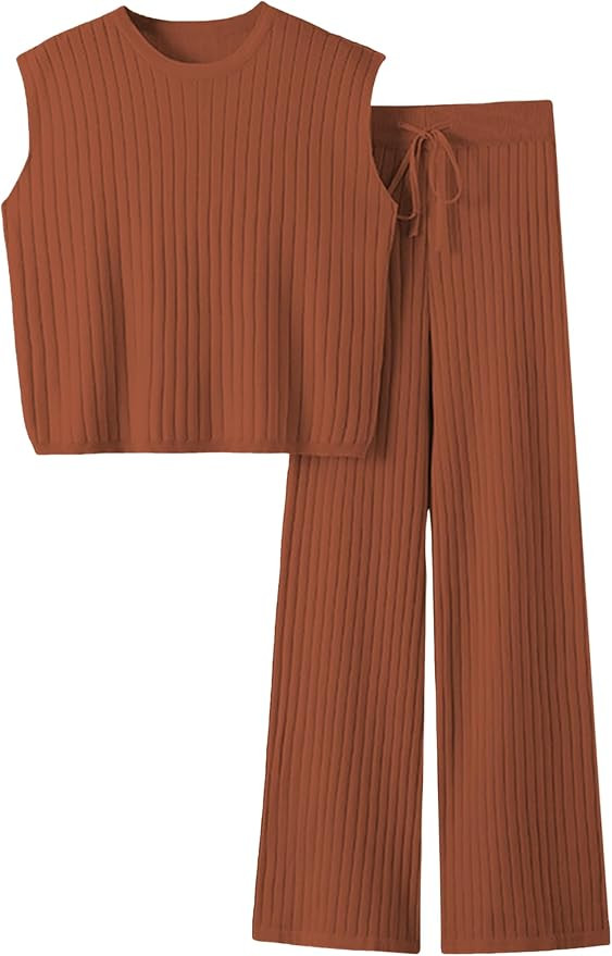 Womens 2 Piece Outfits Sweater Set Sleeveless Knit Pullover Top High Waisted Pants Tracksuits | Amazon (US)