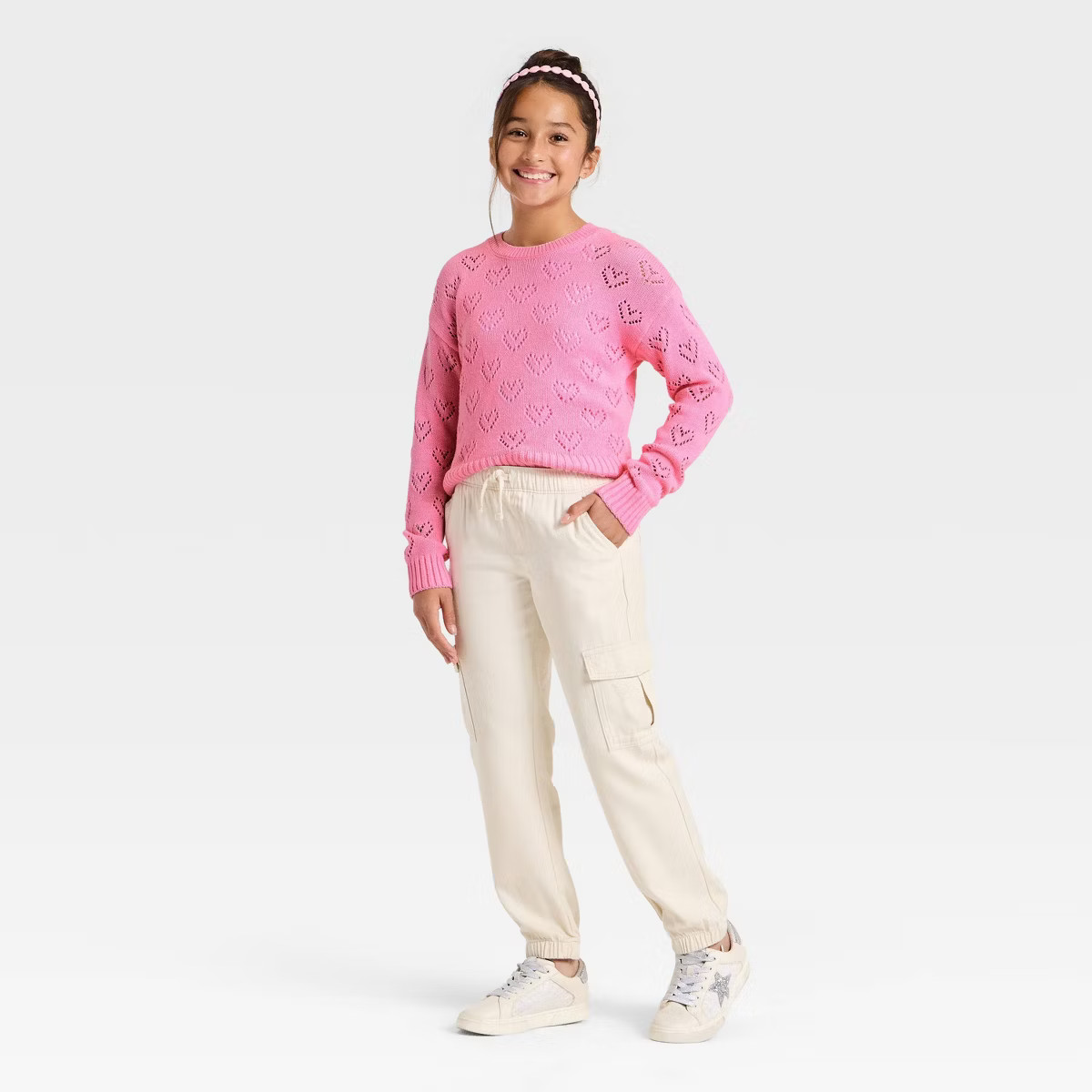 Girls' Pointelle Heart Sweater - Cat & Jack™ Pink | Target