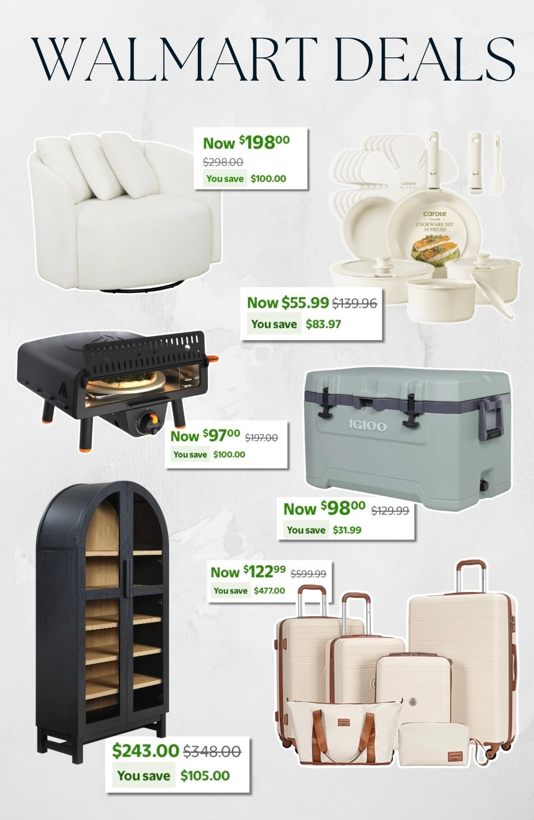 Walmart sale. 

Major Walmart DEALS you don’t want to miss! These best-selling finds are on crazy markdowns right now — from stylish swivel chairs to cookware sets, outdoor pizza ovens, and even luggage sets for your next trip! 🧳

🛍️ Tap to shop the deals:
✔️ Swivel accent chair
✔️ 16-piece nonstick cookware set
✔️ Outdoor pizza oven
✔️ Igloo cooler
✔️ Modern glass cabinet
✔️ 5-piece luggage set

Everything is up to $477 OFF! 🤯

#LTKhome #LTKsale #WalmartFinds #AffordableHome #BudgetFriendly #HomeDeals #LTKtravel #LuggageSet #WalmartHome #CookwareDeals #FurnitureOnSale #HomeOrganization #OutdoorLiving #WalmartSale #WalmartStyle #WeekendDeals #ModernHomeStyle

#LTKSaleAlert #LTKTravel #LTKHome