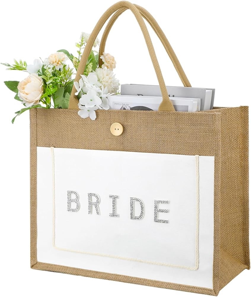 Bencailor wedding Bride Bag Bride Tote Bag with Handles with Silver Rhinestones Canvas Pockets Na... | Amazon (US)