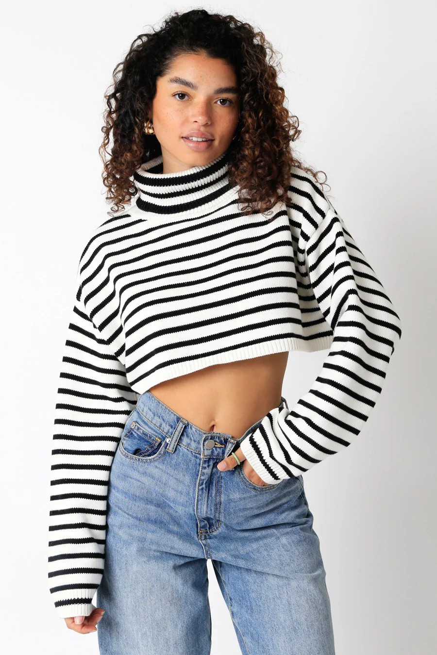 Marla White & Black Striped Cropped Turtleneck Sweater M | Boho Pink