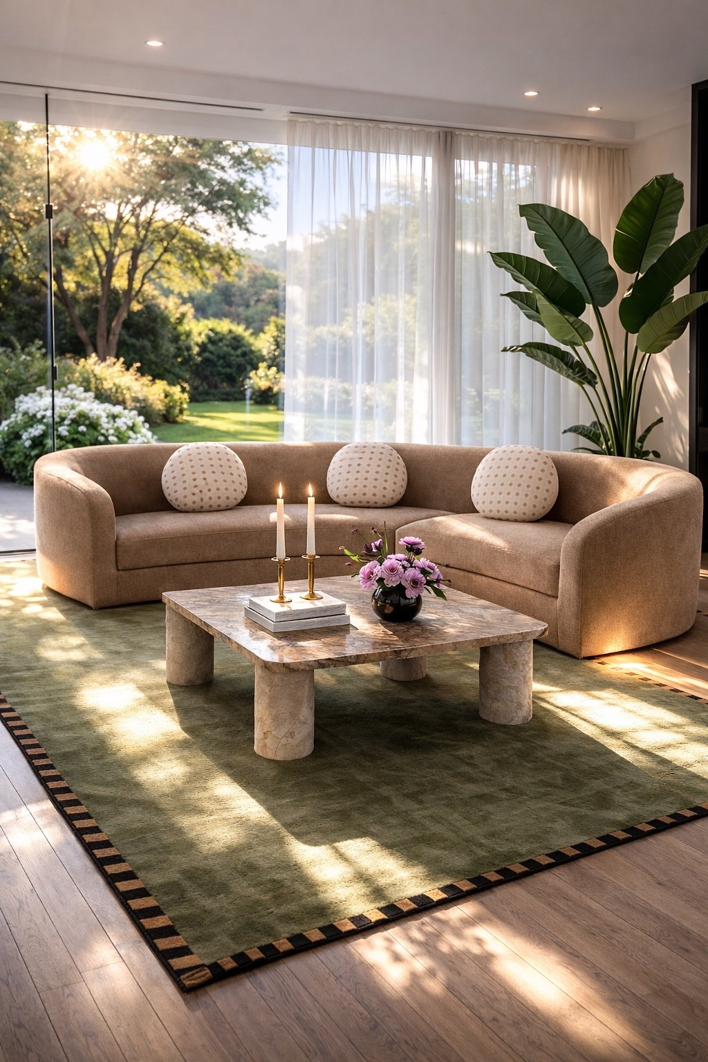 Spring living room refresh — soft light, soft curves, everything feels a little lighter 🌿

This space is all about that effortless spring transition — warmer tones, curved silhouettes, and light that just filters in beautifully.

I’m especially drawn to:
– the curved sectional (so inviting, and the caramel tone is perfect for spring layering)
– those round pillows with the subtle geometric pattern — small detail, but it makes the whole sofa feel styled
– the square marble coffee table — adds that grounded warmth without feeling heavy
– and this green silky rug… the texture + tone soften everything instantly

The sheer drapery + that filtered spring light really pull it all together — nothing harsh, just calm and elevated.

If you’ve been thinking about refreshing your living room, this is actually the best time —
Lulu & Georgia is running their Friends & Family sale (up to 30% off) and a lot of these pieces are included. #LTKhome #LTKsale #LTKspring
#arearug #throwpillows #coffeetabledecor
#candleholder #decorativebooks #floraldecor
#livingroomdesign #springrefresh #homestyling
#luluandgeorgia #interiorinspo


#LTKFestival #LTKHome #LTKSaleAlert