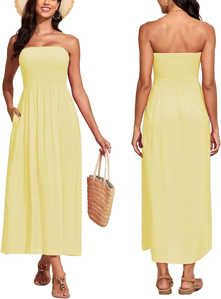 Capuffy Women Strapless Boho Maxi Dress Sleeveless Tube A Line Summer Sundress with Pockets Flowy... | Amazon (US)