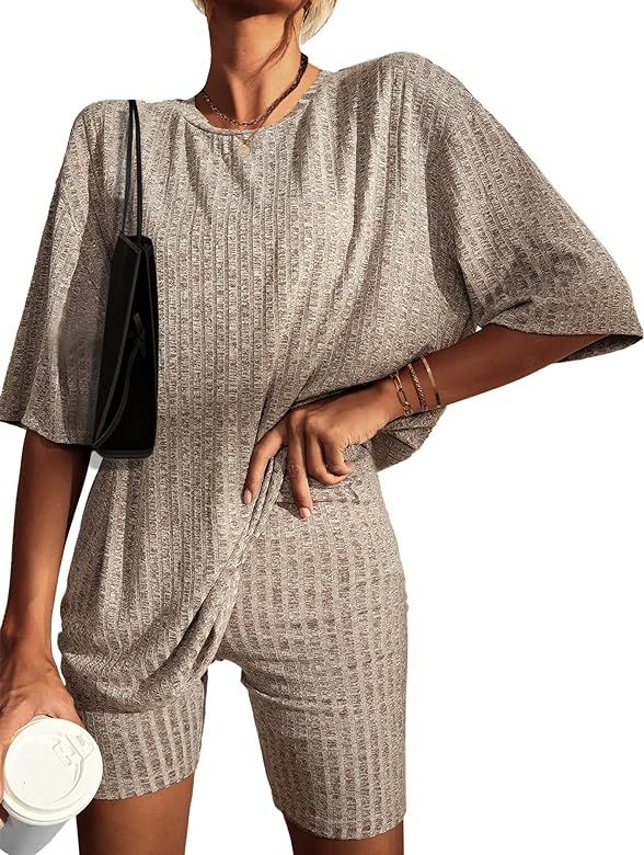 Ekouaer Pajamas 2 Piece Lounge Sets Ribbed Knit Matching Outfits T-shirt Biker Shorts Sleepwear L... | Amazon (US)