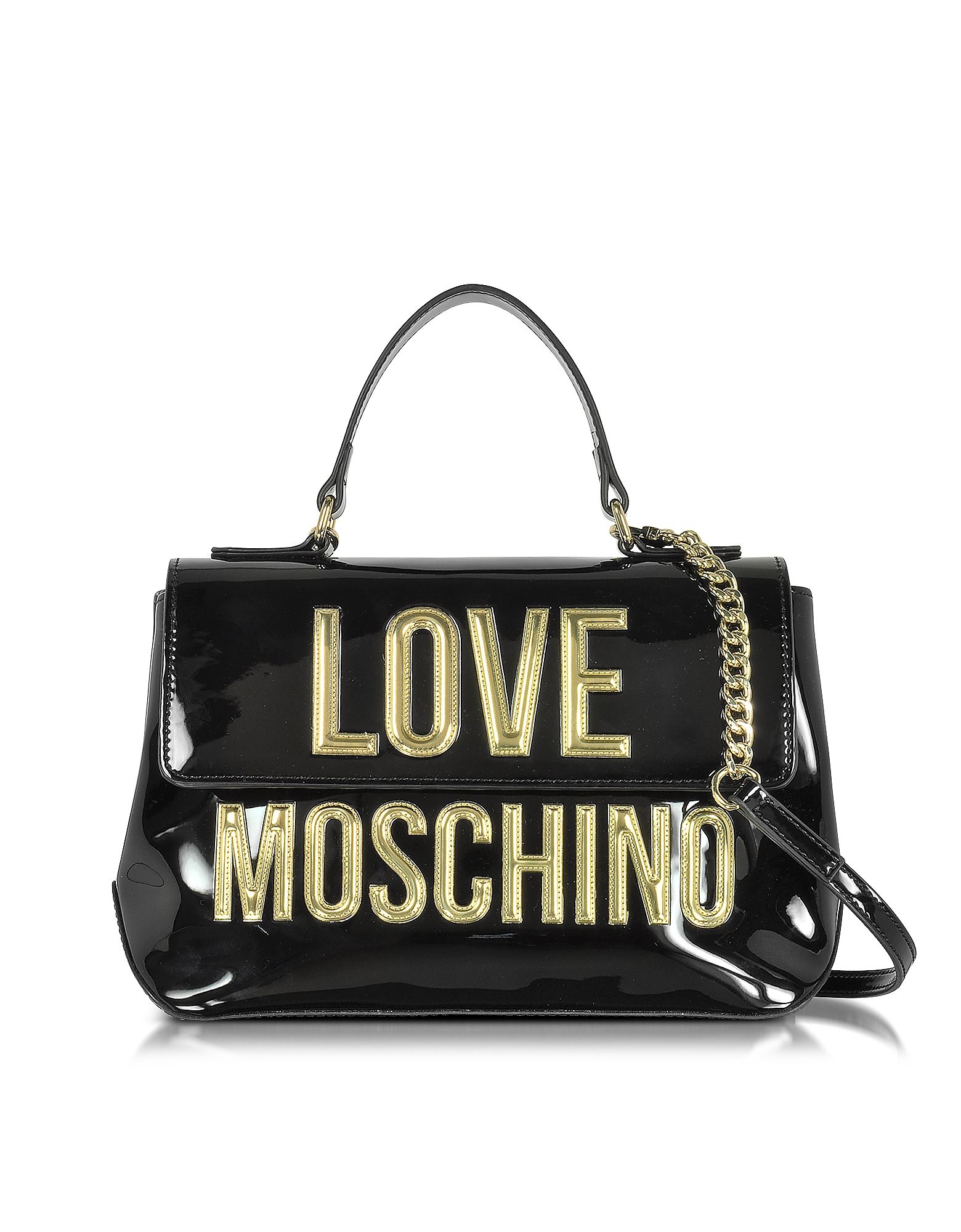 Love Moschino Black Patent Eco Leather Shoulder Bag w/Signature Logo | Forzieri US & CA