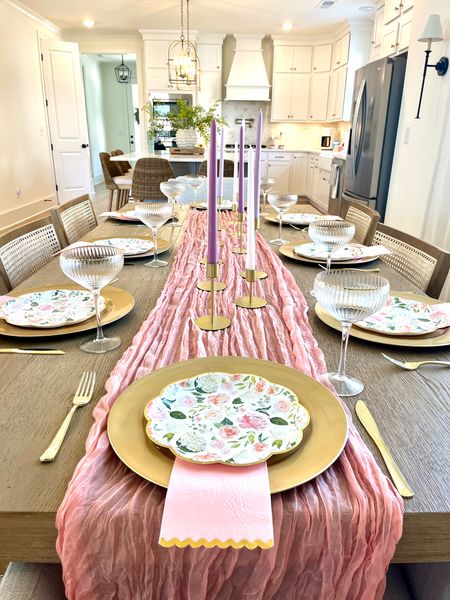Galentines Party idea! Honestly perfect for any girls party! Love these floral plates, table runner, pastel taper candles, and gold rimmed glassware! 

#LTKhome #LTKSeasonal #LTKparties