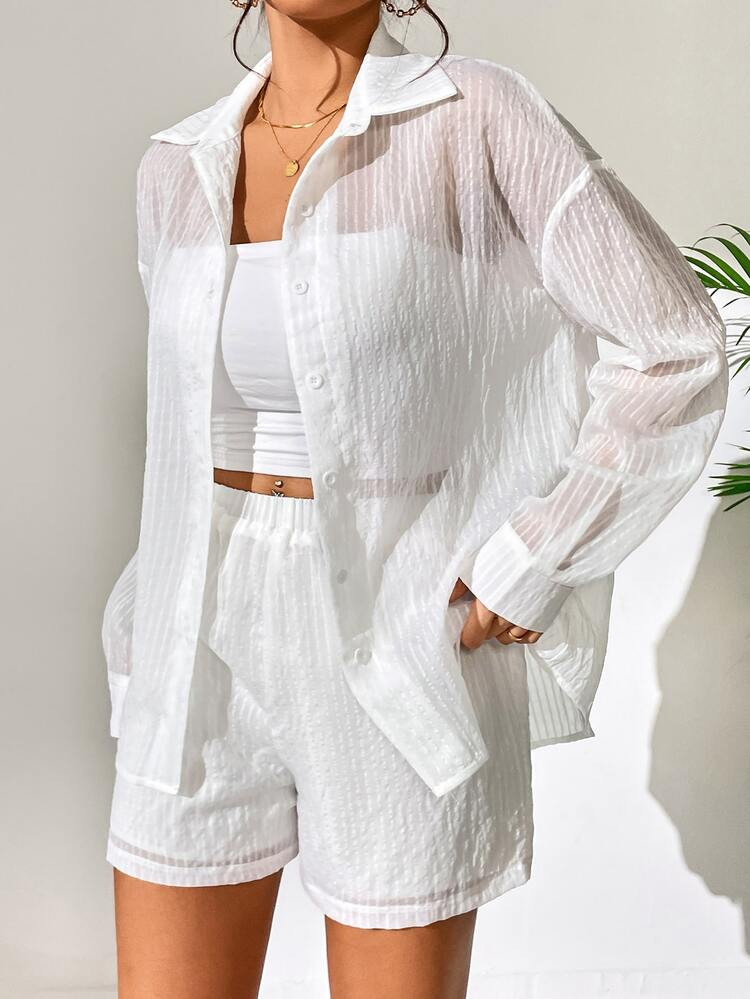 SHEIN Unity Solid Button Front Drop Shoulder Shirt & Shorts Without Cami Top | SHEIN