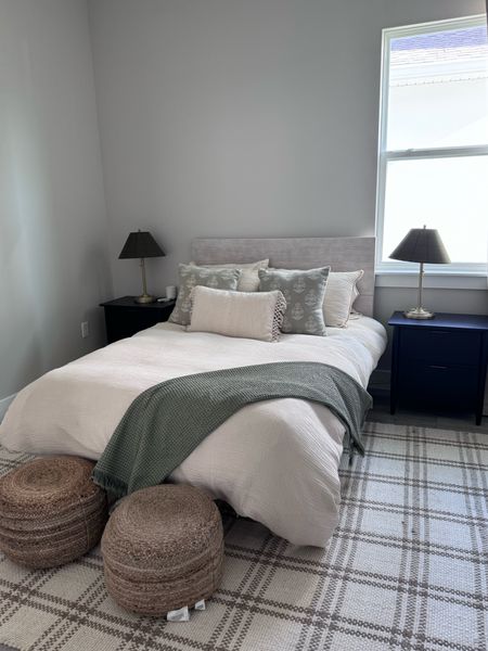 Full guest bedroom. Bed from Wayfair (kind of cheap, does the job but wish we went with something more sturdy. I do love the look). Poofs from Wayfair & everything else from Target! 

#LTKHome #LTKFamily #LTKStyleTip