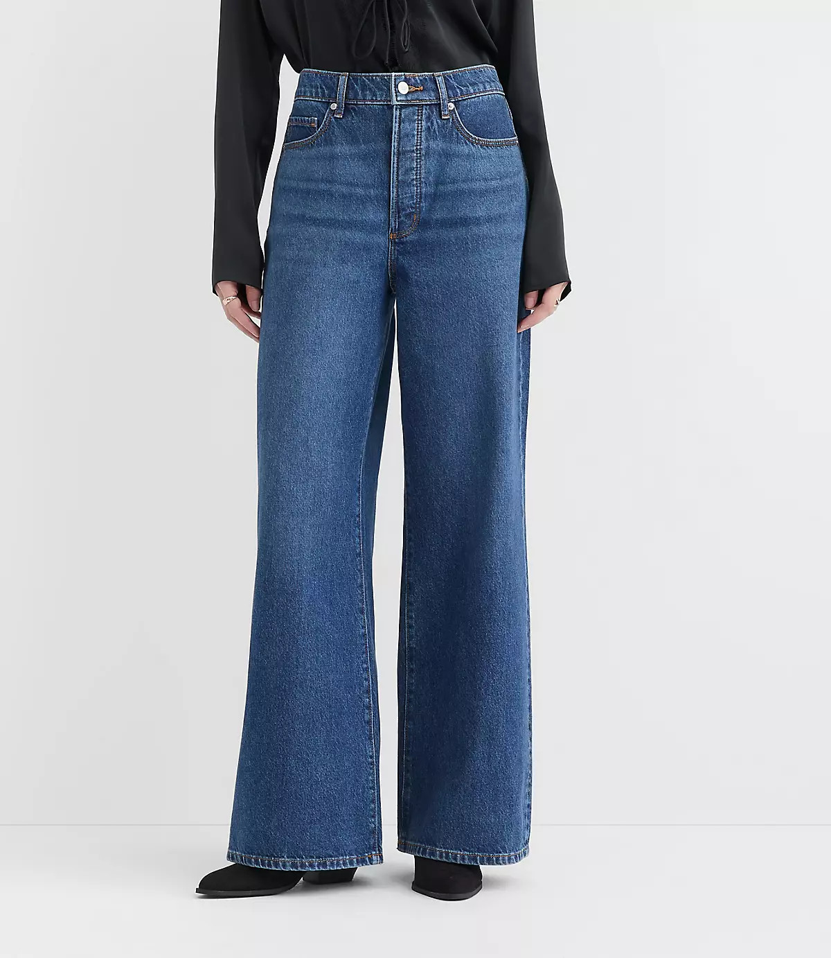 Rivete High Rise Relaxed Wide Leg Jeans in Mid Wash | LOFT