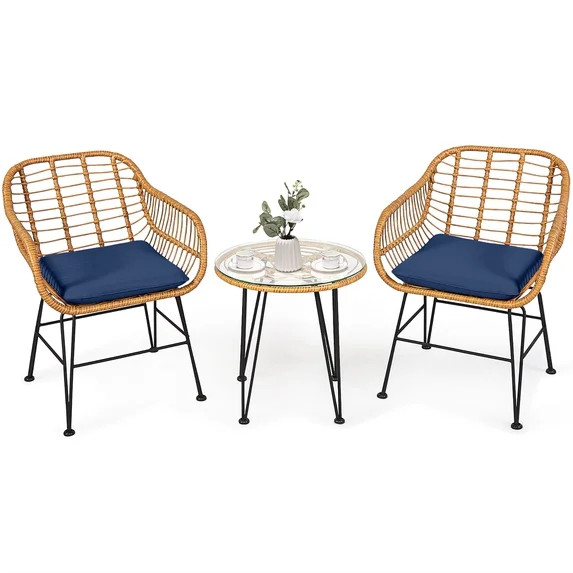 Costway 3PCS Patio Rattan Bistro Furniture Set Cushioned Chair Table Navy | Walmart (US)