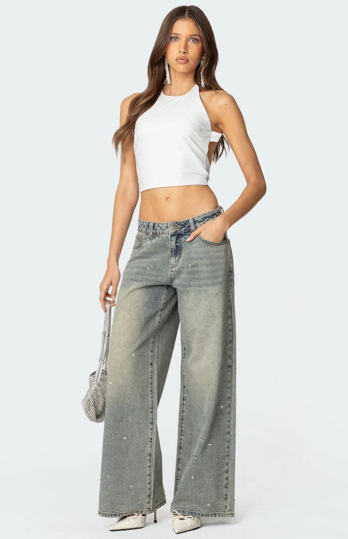 Edikted Women's Rhinestone Low Rise Washed Jeans in Gray - Size XS | PacSun